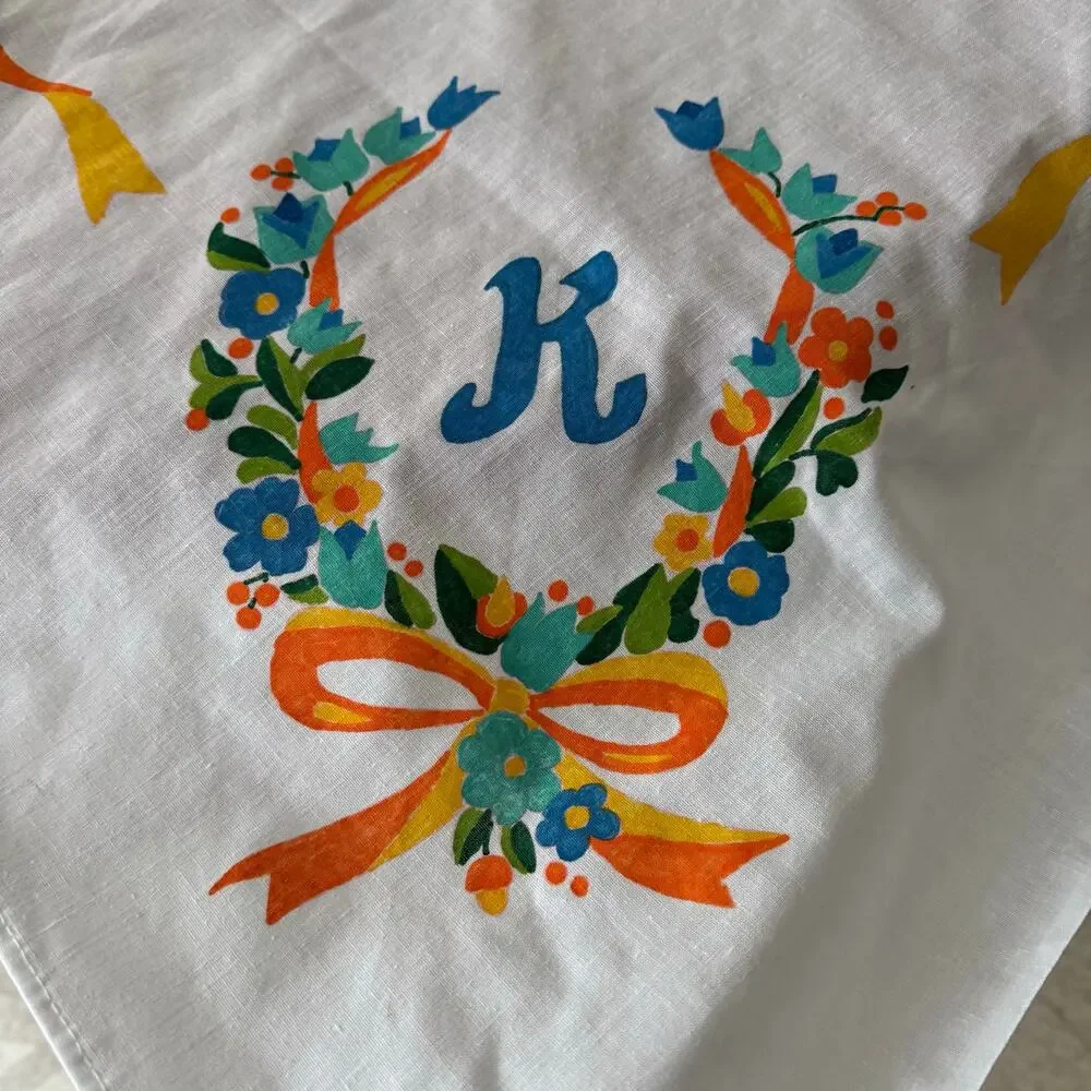 Fabric Painted Floral Tablecloth Monogram K Yellow Orange Cottage Core 54x68
